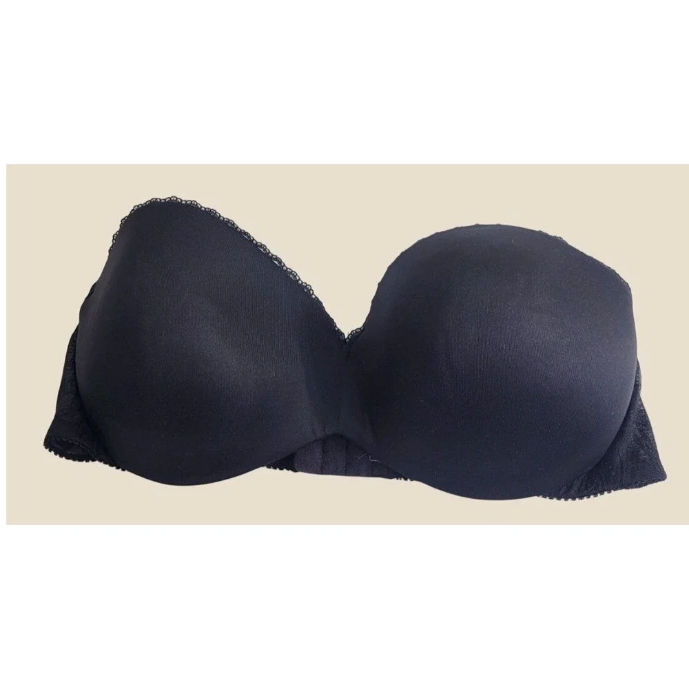 Lily of France Strapless Bra Underwire Padded Lace Trim Lingerie Black 36D
